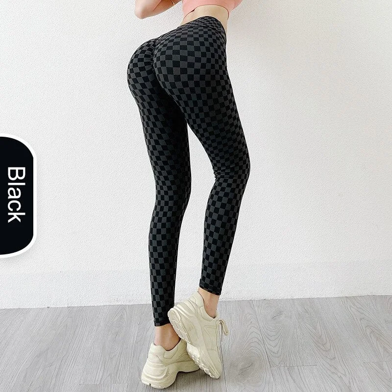 NORMOV New Plaid Leggings High Waist Workout Tights Fitness Sports Leggings  Seamless Breathable Sexy Peach Hip  Stretch Pants
