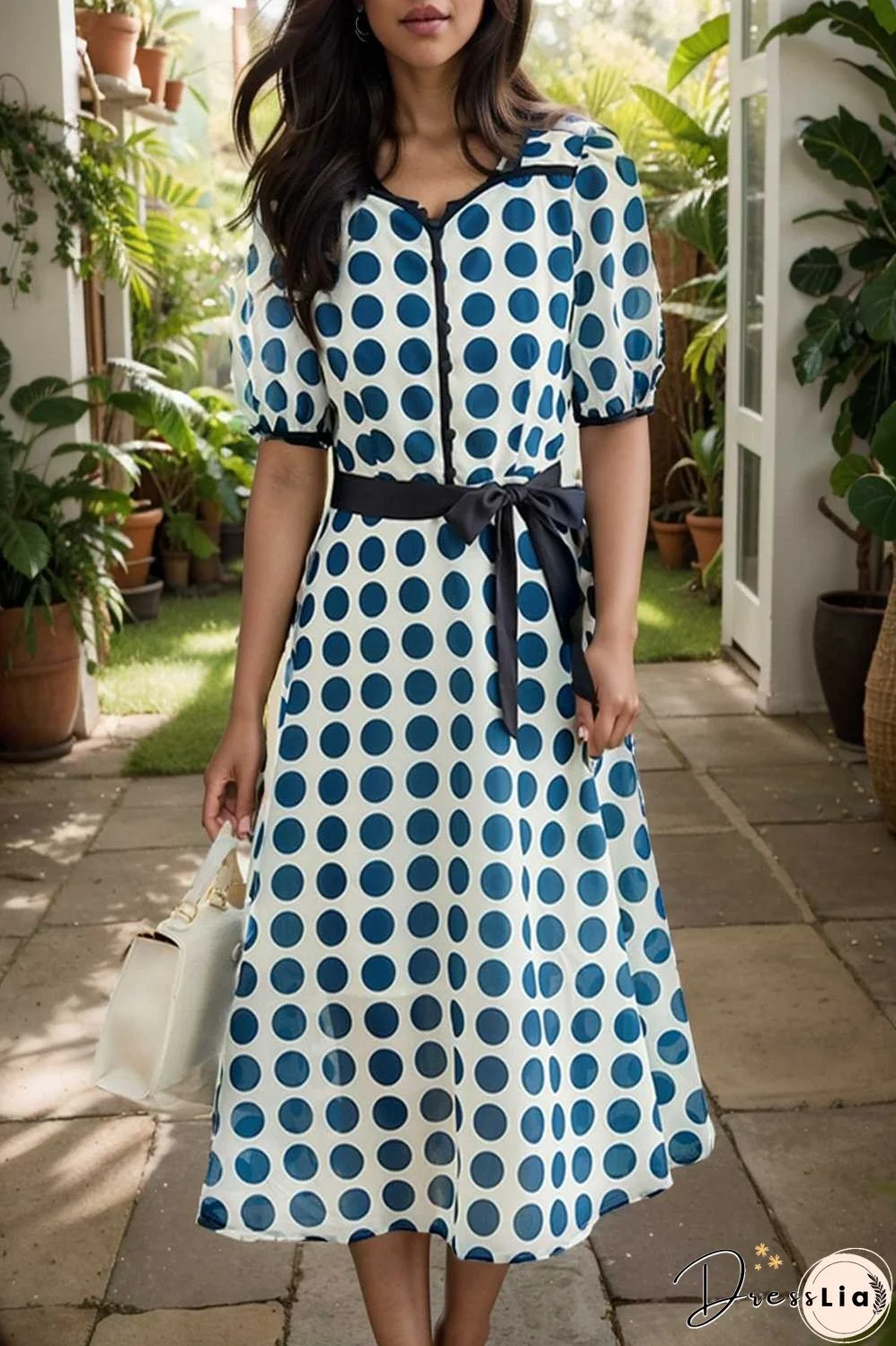stylish printed high waist polka dot midi dress
