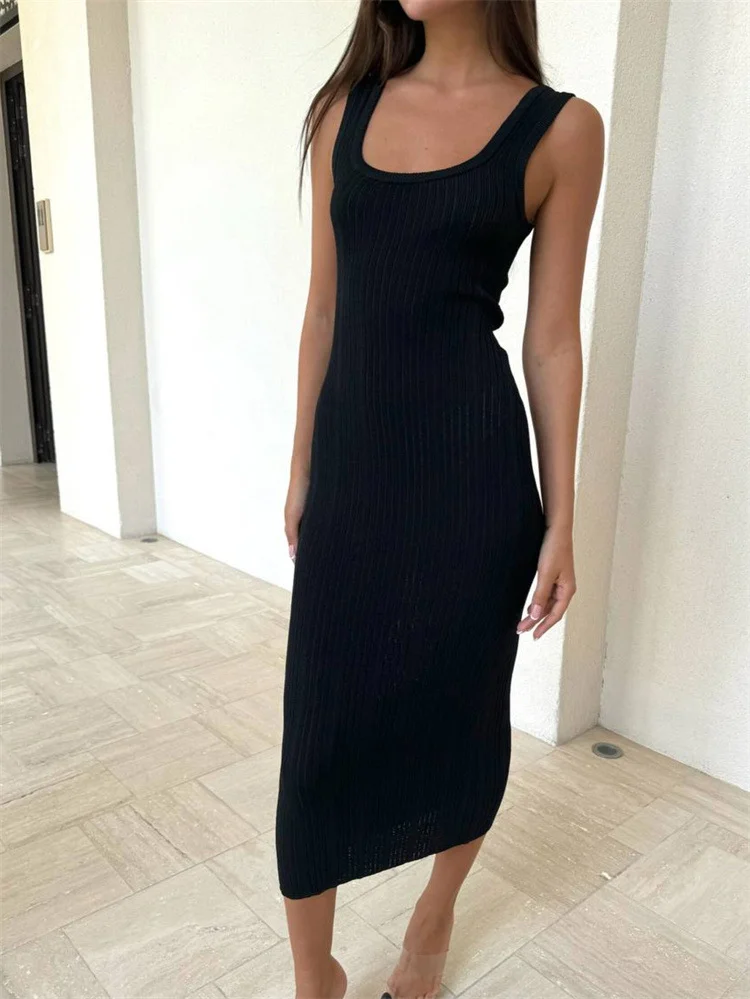 Uveng Uveng Tight Square Collar Dress Sleeveless Solid Color 2024 Summer Sexy Long Knit Dress