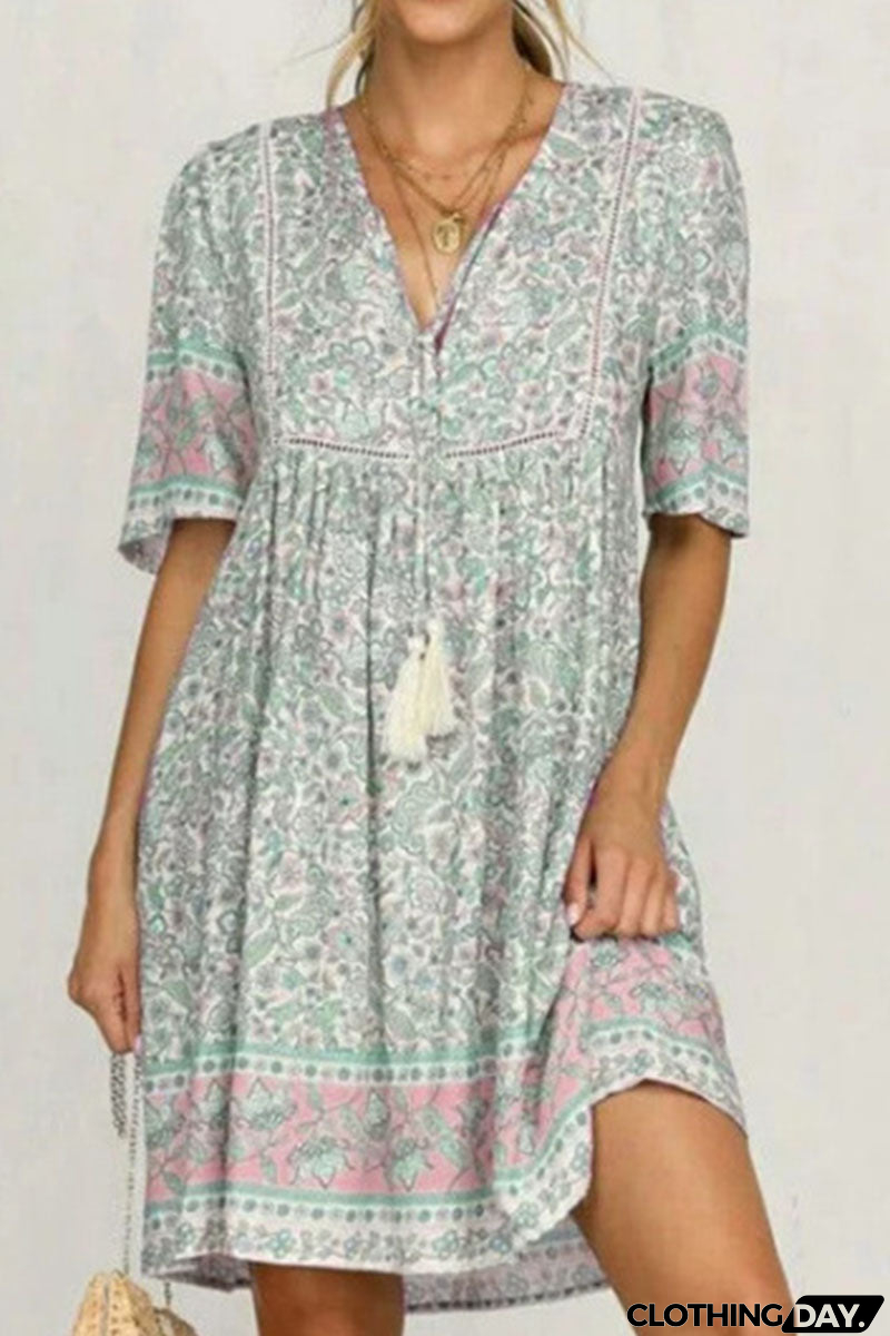 Fashion Sweet Print Patchwork V Neck Princess Dresses