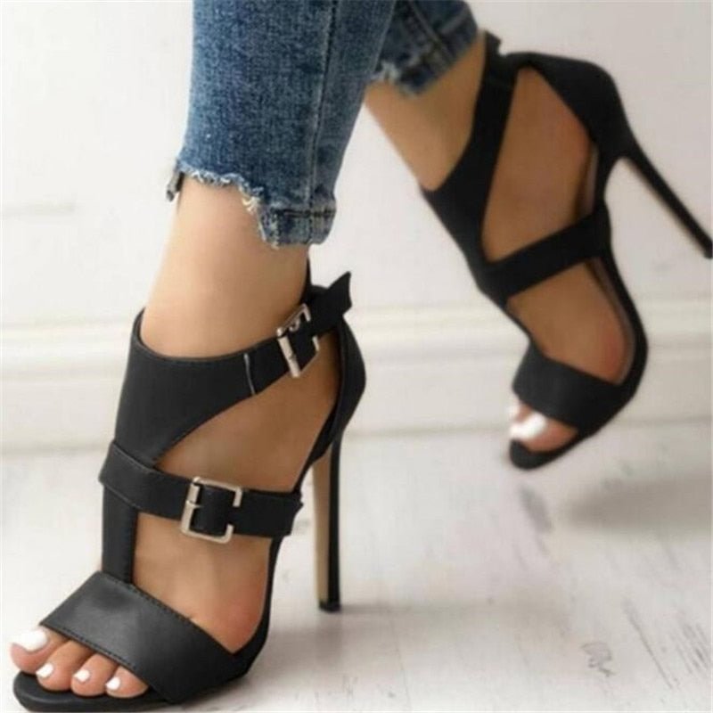 Women Sandals Summer Gladiator Fine High Heels Leather Peep Toes Ankle Buckle Strap Woman Party Shoes Black Sandalia Mujer 2020