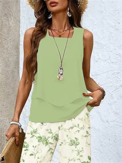 Women's Sleeveless Square Collar Floral Printed Casual Set