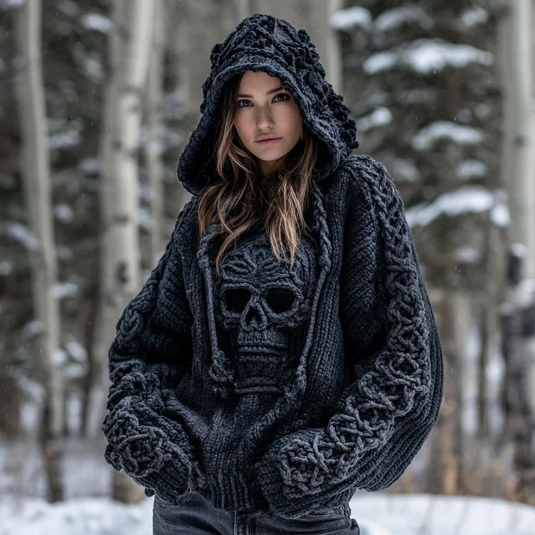 Women' Vintage Viking Tribal Celtic Skull Art Chunky Knit Hooded Sweater