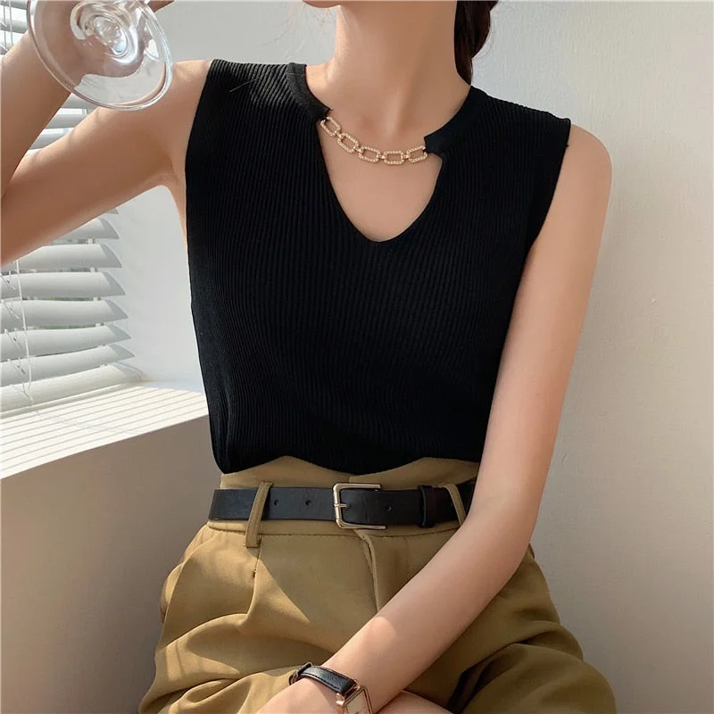 Women Summer V-Neck Knit Slim Tank Top Female Solid Casual Sleeveless Camisole Crop Top Streetwear