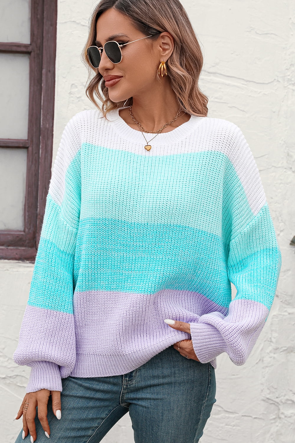 LLYGE Early Autumn New Round Neck Color Block Ribbed Pullover Sweater llyge