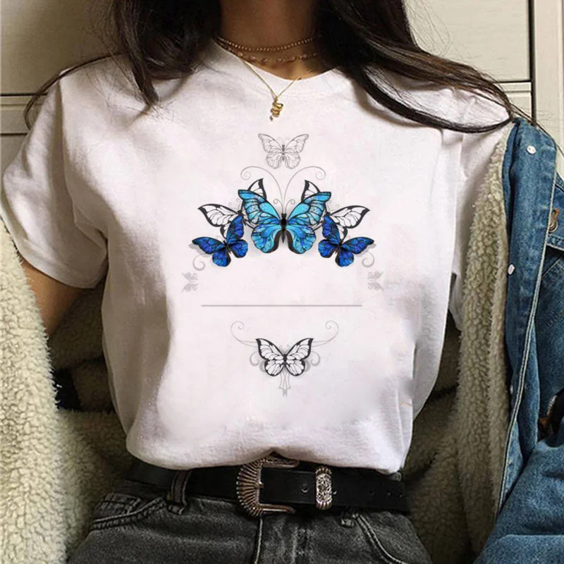 Women Red and Black Butterfly Fashion T Shirt Girl Harajuku Korean Style Graphic Tops Valentine's Day Female T-shirt,Drop Ship