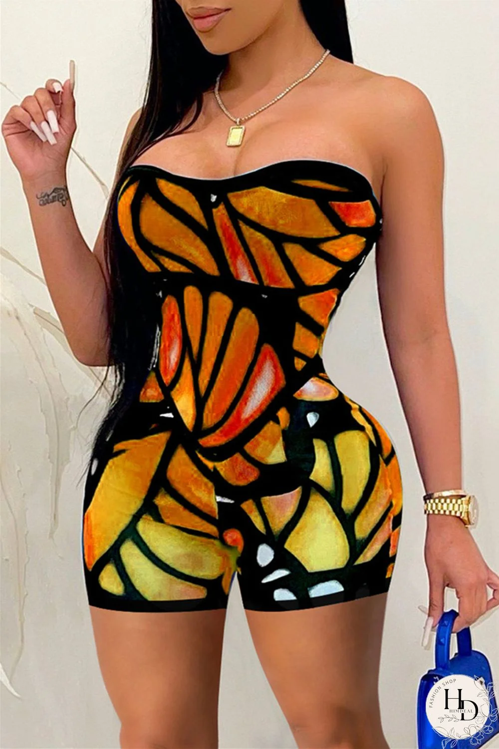 Purple Fashion Sexy Print Backless Strapless Skinny Romper