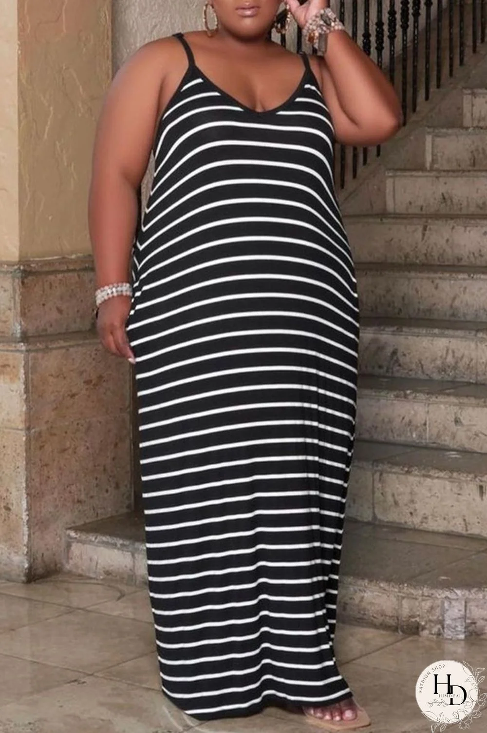 Black Sexy Casual Striped Print Basic Spaghetti Strap Long Dress Plus Size Dresses