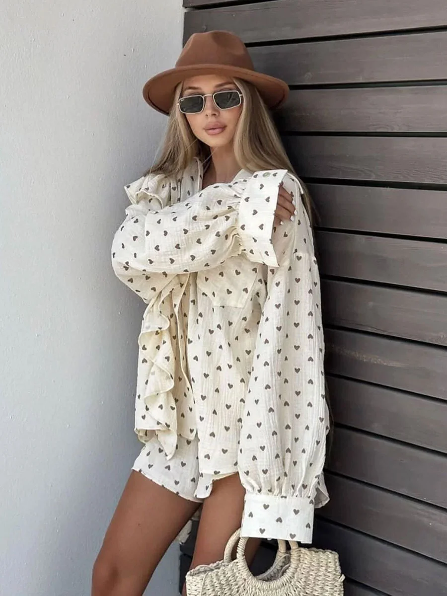 Churchf Churchf Set Heart-Shaped Print Stitching Wood Ear Long Sleeve Shirt Shorts Set Pure Cotton Set