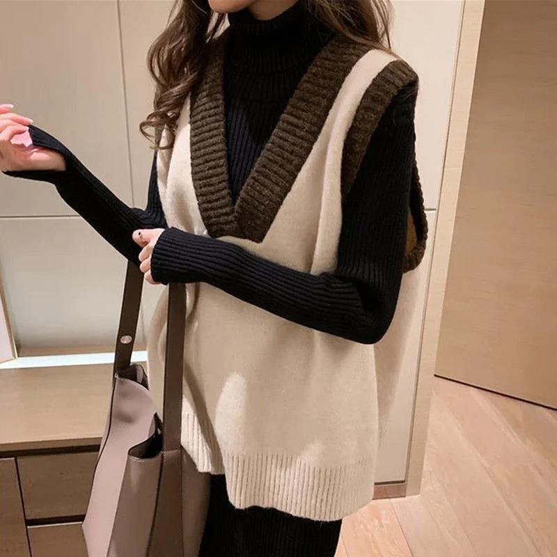 Sweater Vest Women Oversize Pullover Sleeveless Korean Fashion Knitted Stitch Vintage Top With V Neck Ladies Knitwear Female