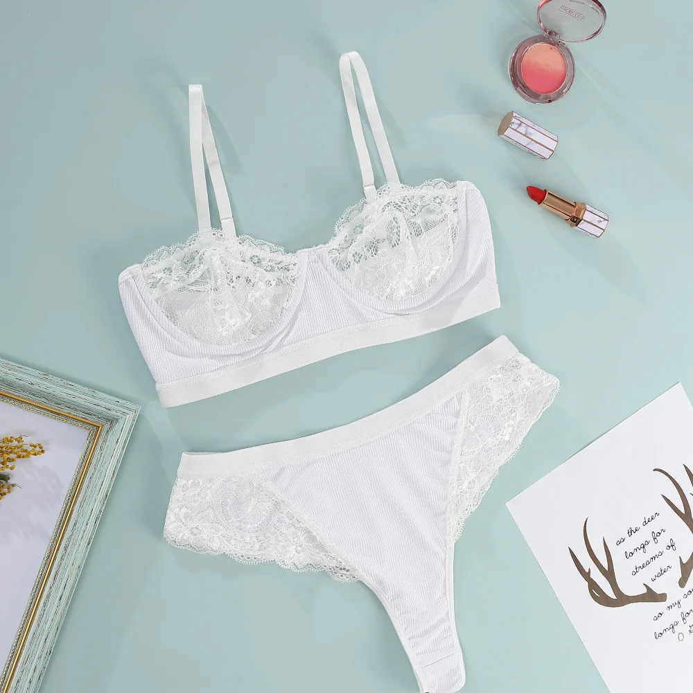 Billionm Women's Underwear Set Lace Femme Lingerie See Through Push Up Bra High Waist Panties Mesh Sexy Nightwear 2 Piece White Black