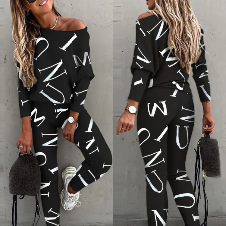 Women's Letter Printing Long Sleeve Trousers Casual Suit