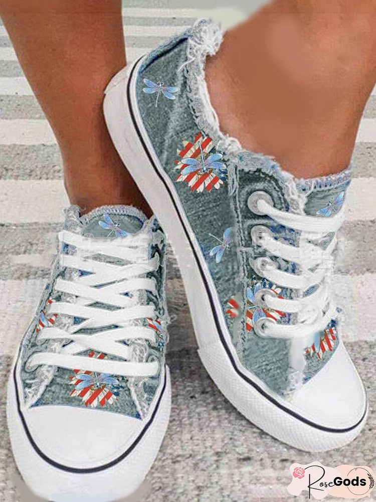 American Flag Dragonfly Lace Up Sneakers Dark Grey Wash Denim Espadrilles