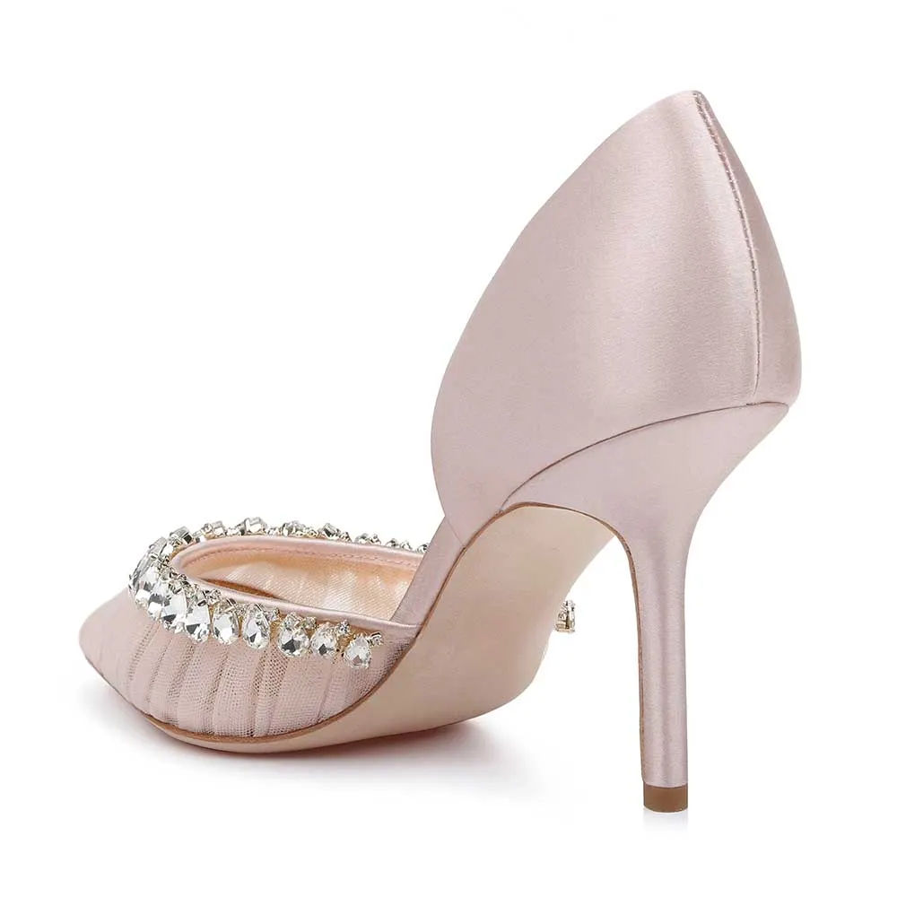 Pink Mesh Satin Pointed-Toe Stiletto Heel Pumps Shoes with Crystal