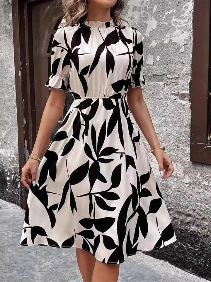 Women's Short Sleeve Round Neck Ruffle Printed Hem Dress Corseted Dresses