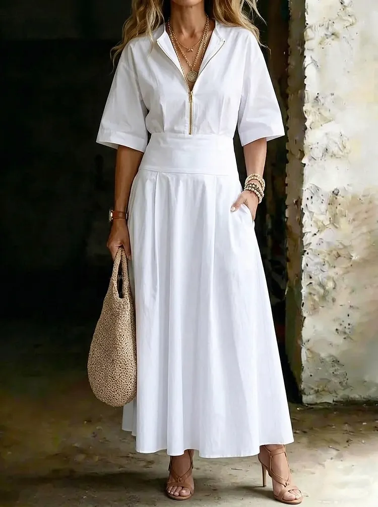 Women&rsquo;s Chic Short-sleeve Zip-up Cotton Maxi Dress