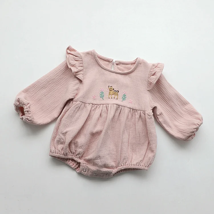 Baby Girl Embroidered Deer and Floral Ruffle Sleeve Bodysuit
