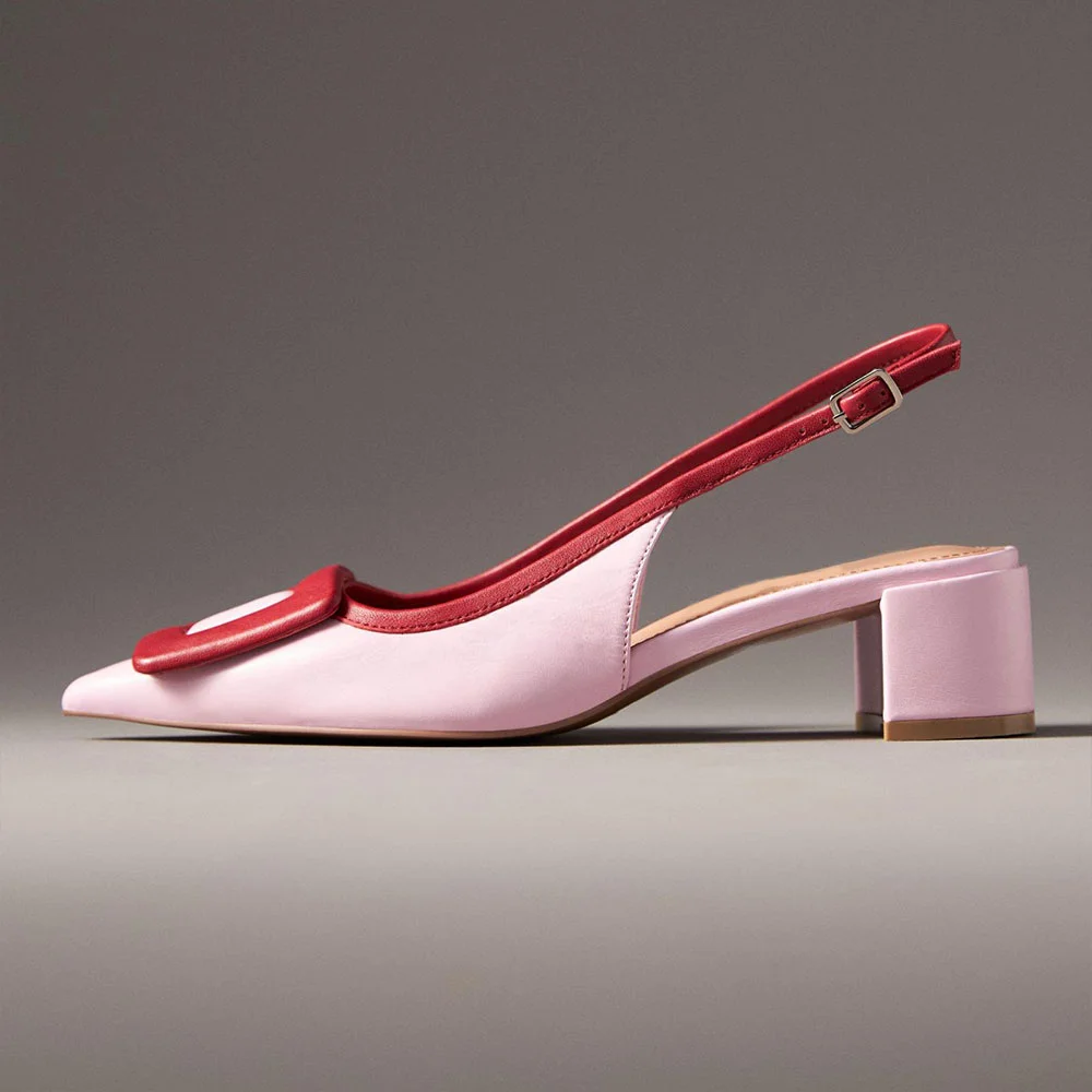 Pink & Red Block Heel Buckle Decor Pointed Toe Slingback Pumps