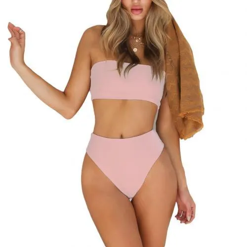 Sexy Women Solid Color Tube Top Bandeau High Waist Panties Set Bikini Swimwear