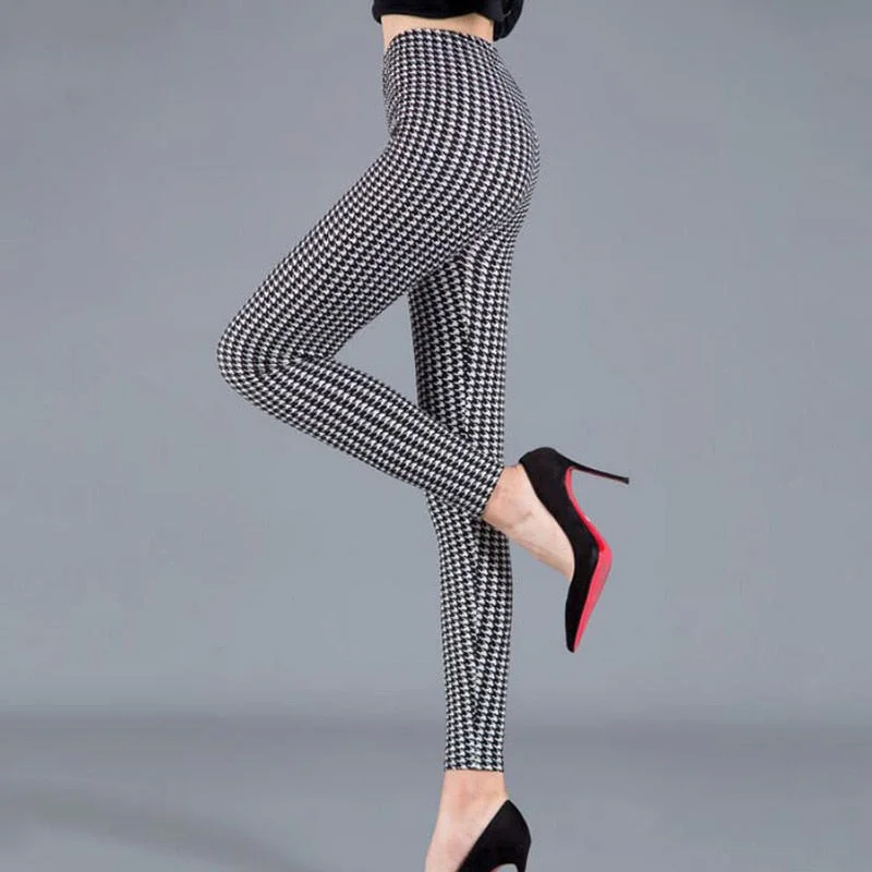CUHAKCI Female Fitness Leggings Women Print Plaid Leggings Lady Sexy Slim Pencil Pants Push Up Elastic Waist Trousers