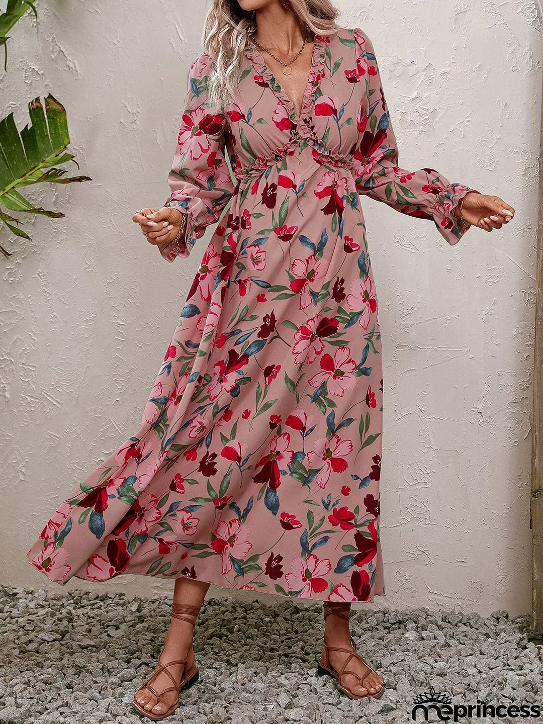 Floral Frill Trim V-Neck Maxi Dress
