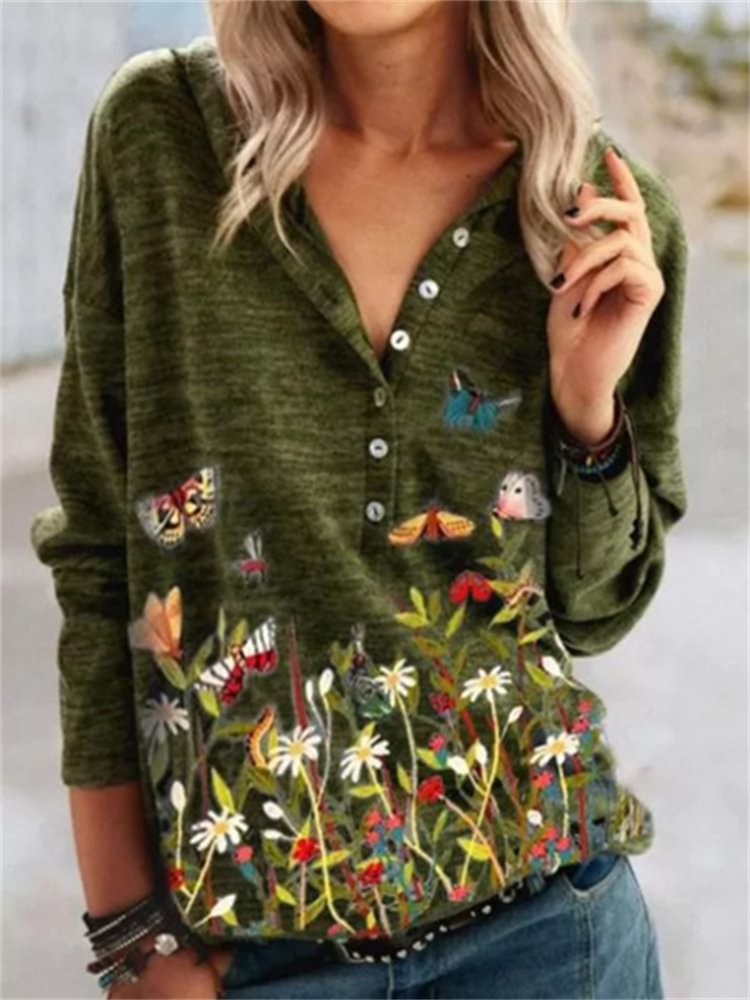 Artwishers Flowers Pri Button Up Hooded T Shirt