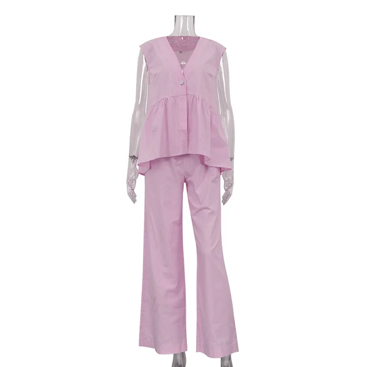 Cotton V-neck Sleeveless Vest & High-waisted Pants Set