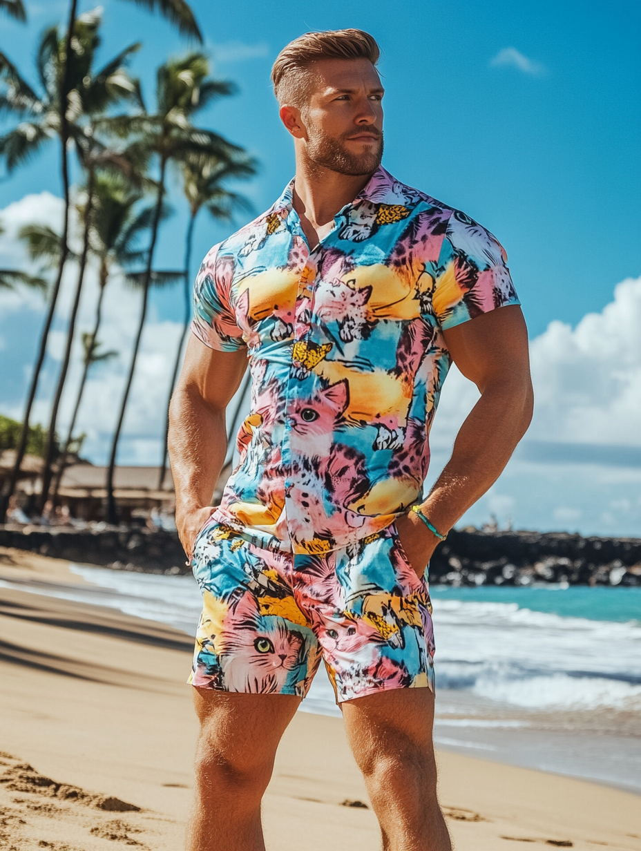 The Cutest Cat Hawaiian Print Shirt Set