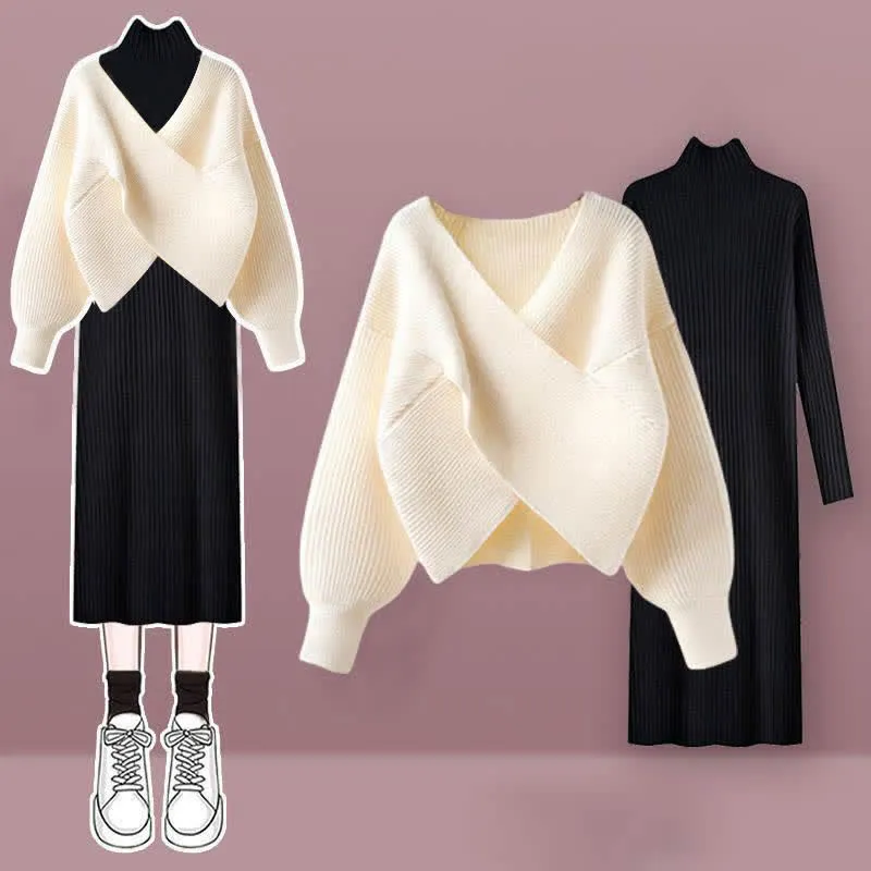 Pure Color Cross Knit Sweater Dress Two Pieces Set