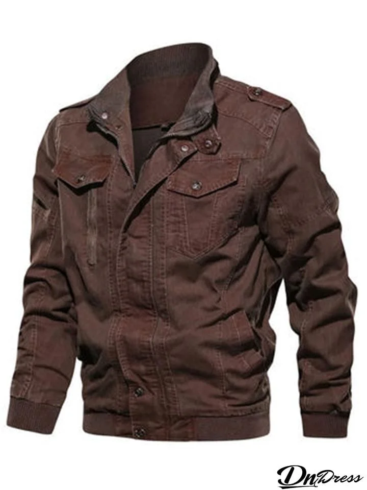 Men's Casual Stand-Collar Cotton Washed-Effect Denim Military Jacket