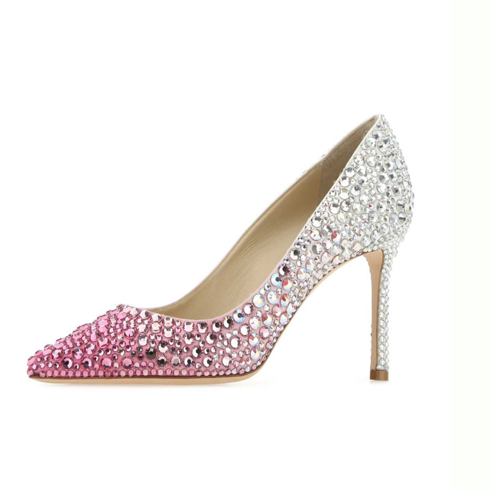 Pink & White Pointed Toe Stiletto Heel Rhinestone Pumps for Women Nicepairs