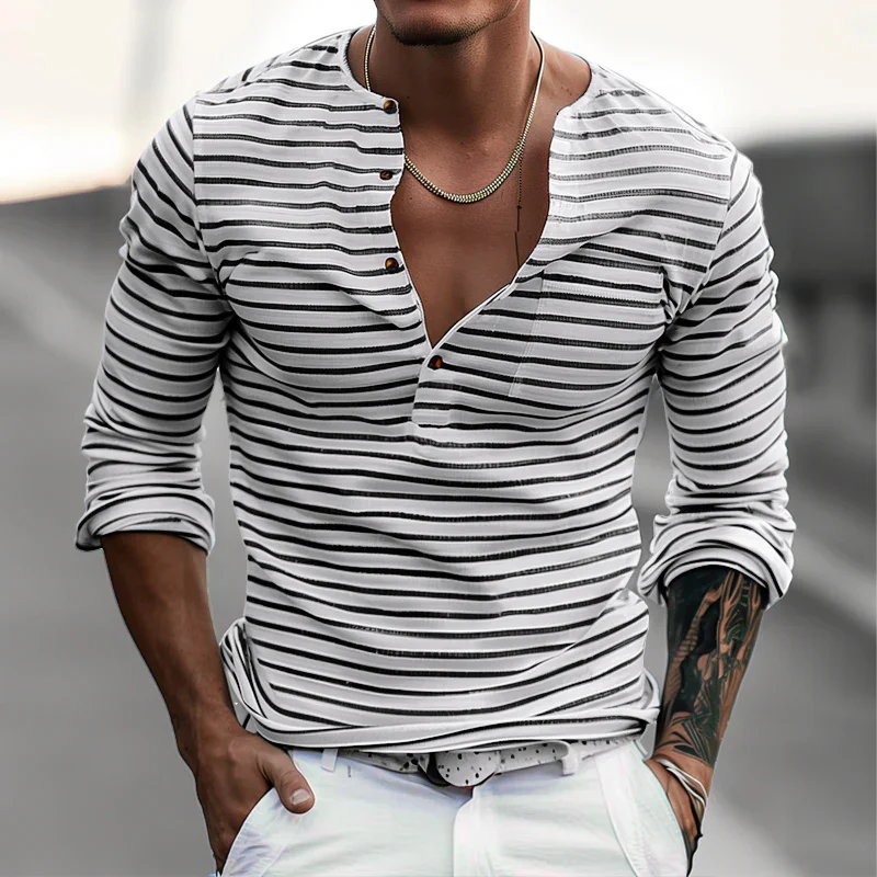 Men's Striped Henley Collar Long Sleeve Casual T-Shirt