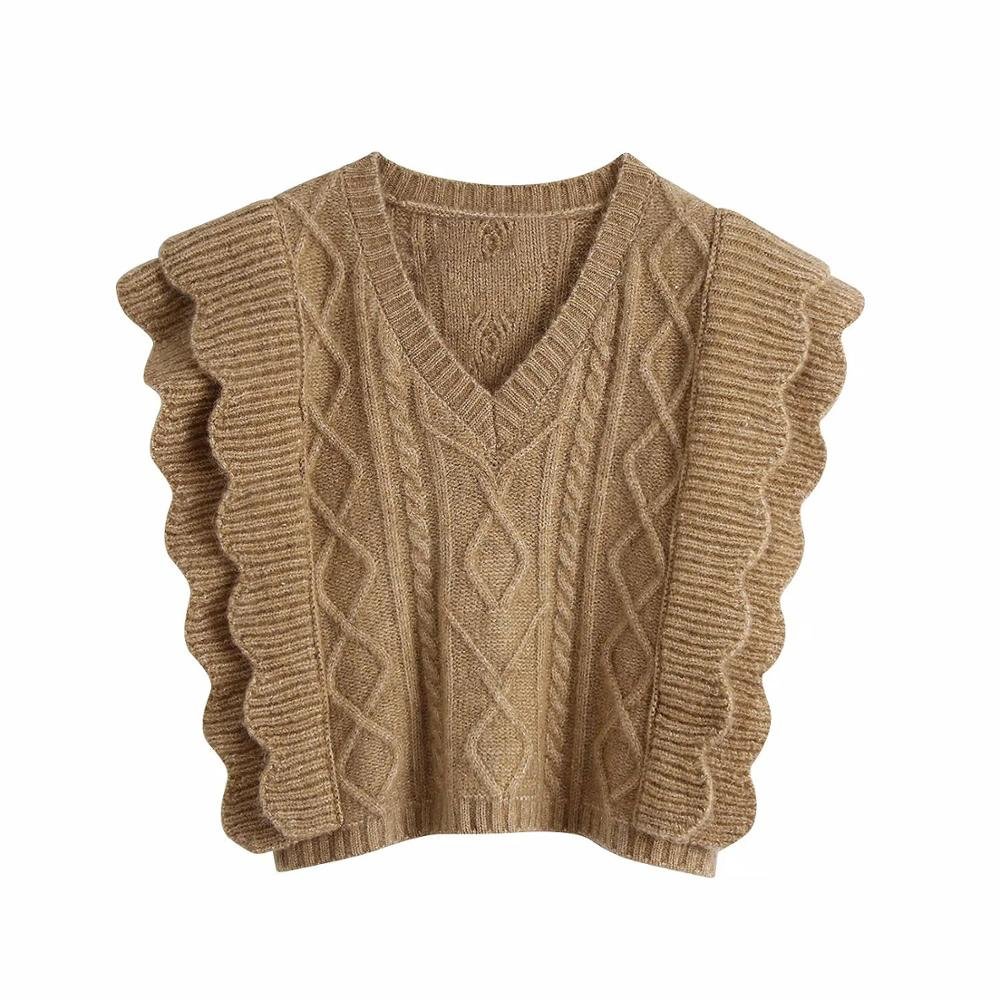 2021 New Women Cable-Knit Vest Sweater V-neck waistcoat Ruffle trim Women Pullover Warm Knitted Tank Tops