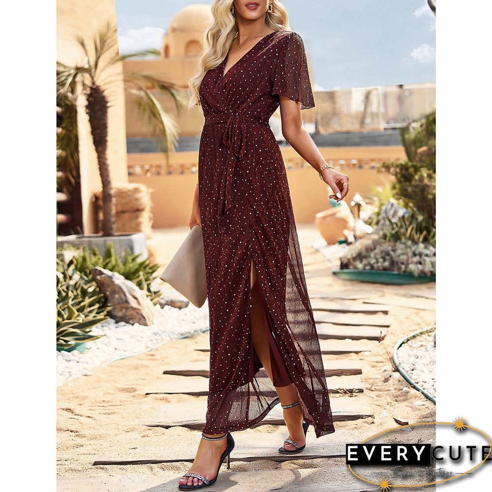 Burgundy Sequined V Neck Split Evening Dress