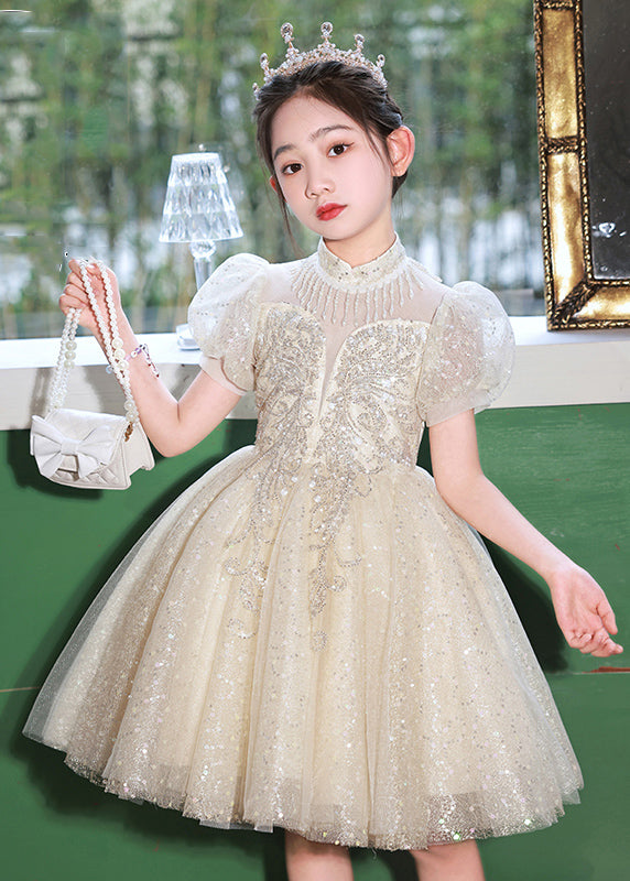 VCSHOES Champagne Stand Collar Sequins Tulle Kids Mid Dresses Summer
