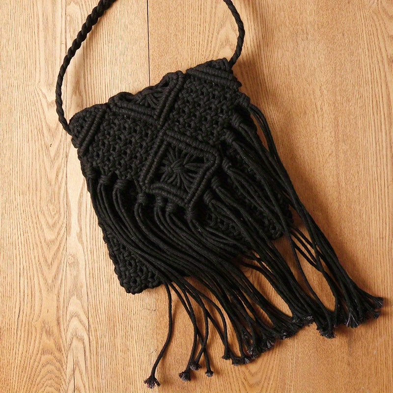 Women's Tassel Crochet Bag, Fringed Bohemian Crossbody Bag, Trendy Summer Beach Purse