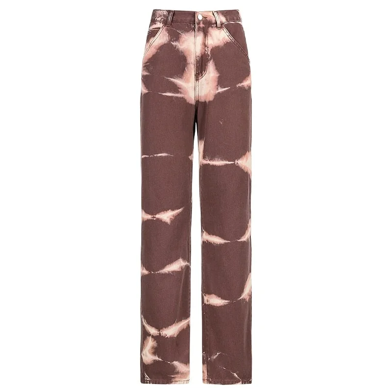 HEYounGIRL Brown Gray Tie Dye Print Harajuku Jeans Women Casual Skinny High Waist Pants Ladies Streetwear Denim Trousers Hip Hop