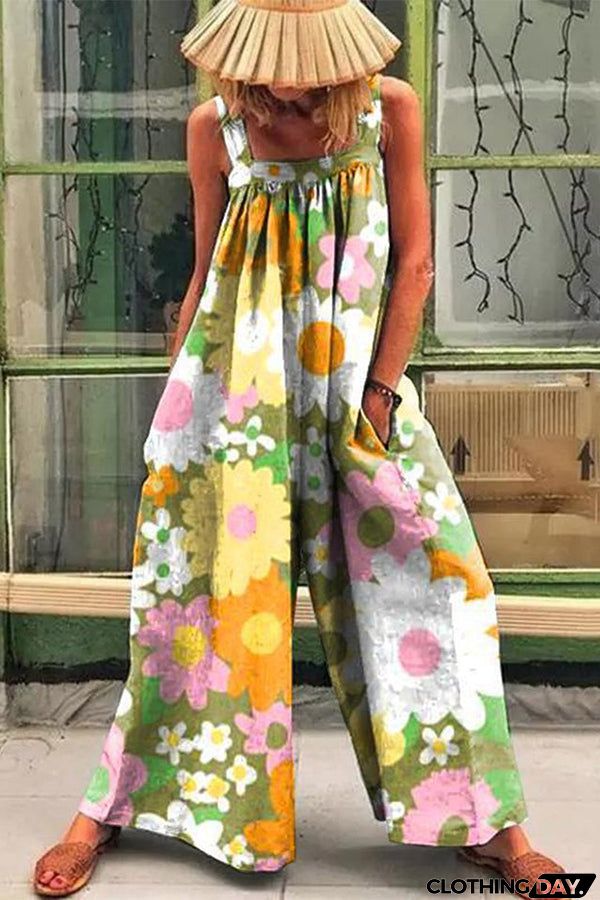 Loose Multicolor Sunny Flower Print Jumpsuit