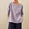 Gioiacombo&trade; Top larghi in cotone e lino con scollo tondo da donna