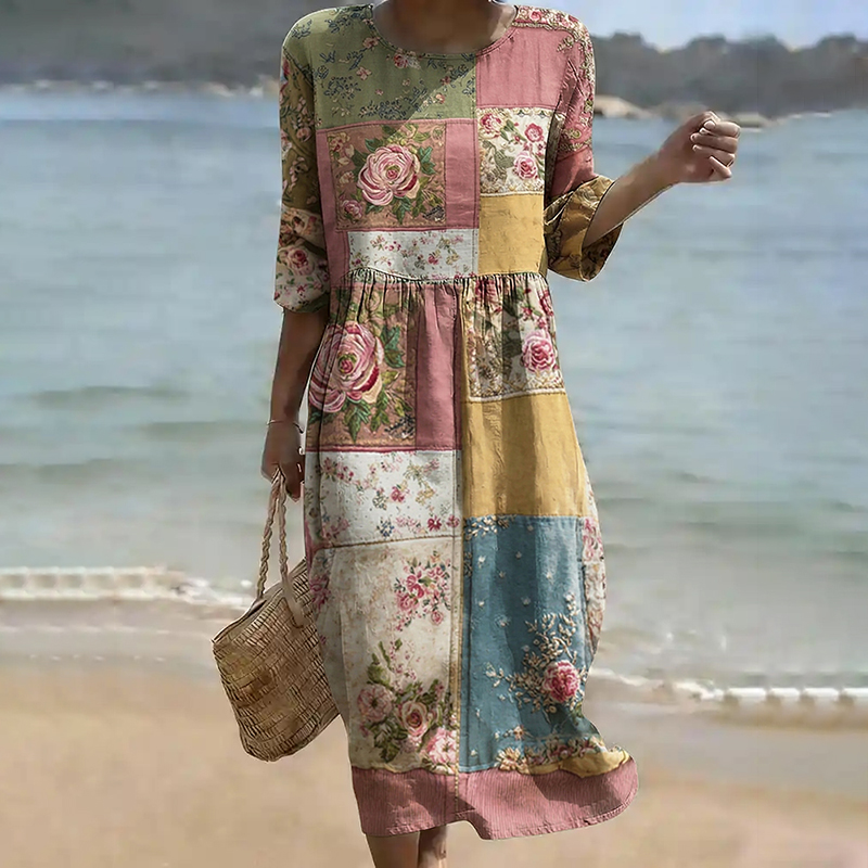 Comstylish Women's Retro Bohemian Patchwork Floral Print Linen Midi Dress