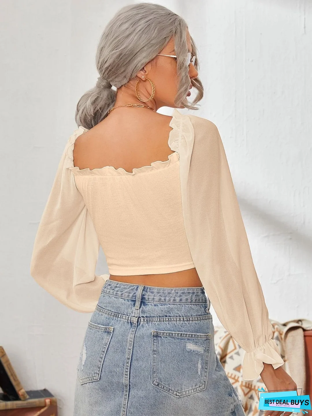 Mesh Sweetheart Neck Flounce Sleeve Top