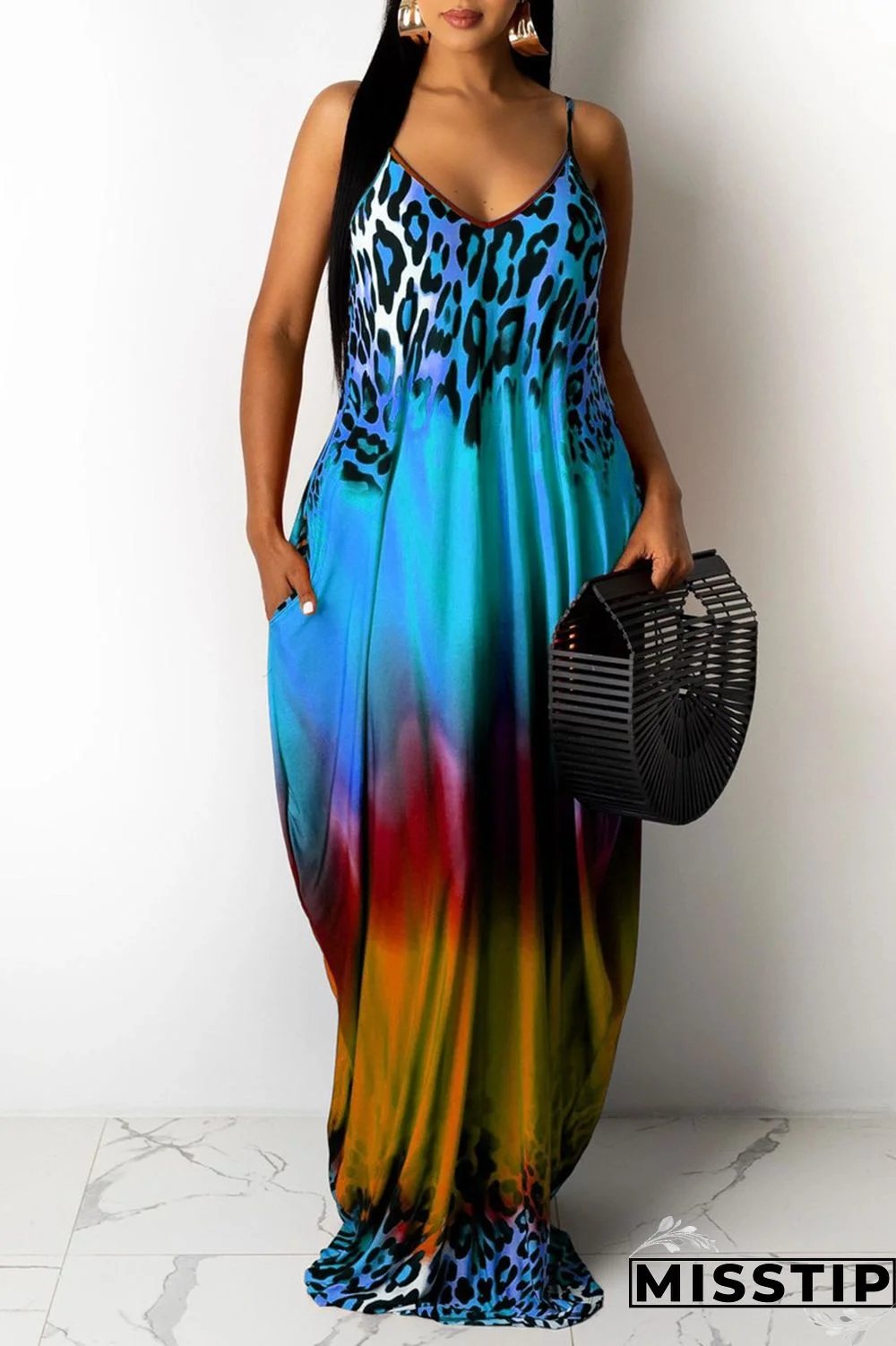 Blue Sexy Casual Print Backless V Neck Sling Loose Dress