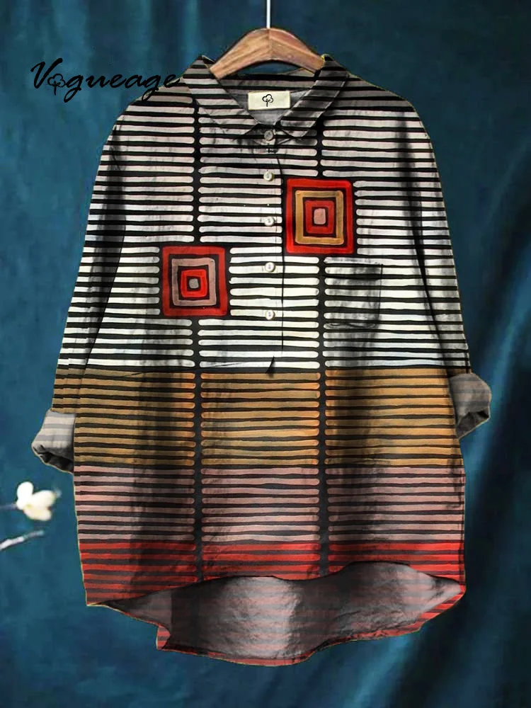 Neat Line Segment Horizontal Splicing Printed Cotton And Linen Shirt