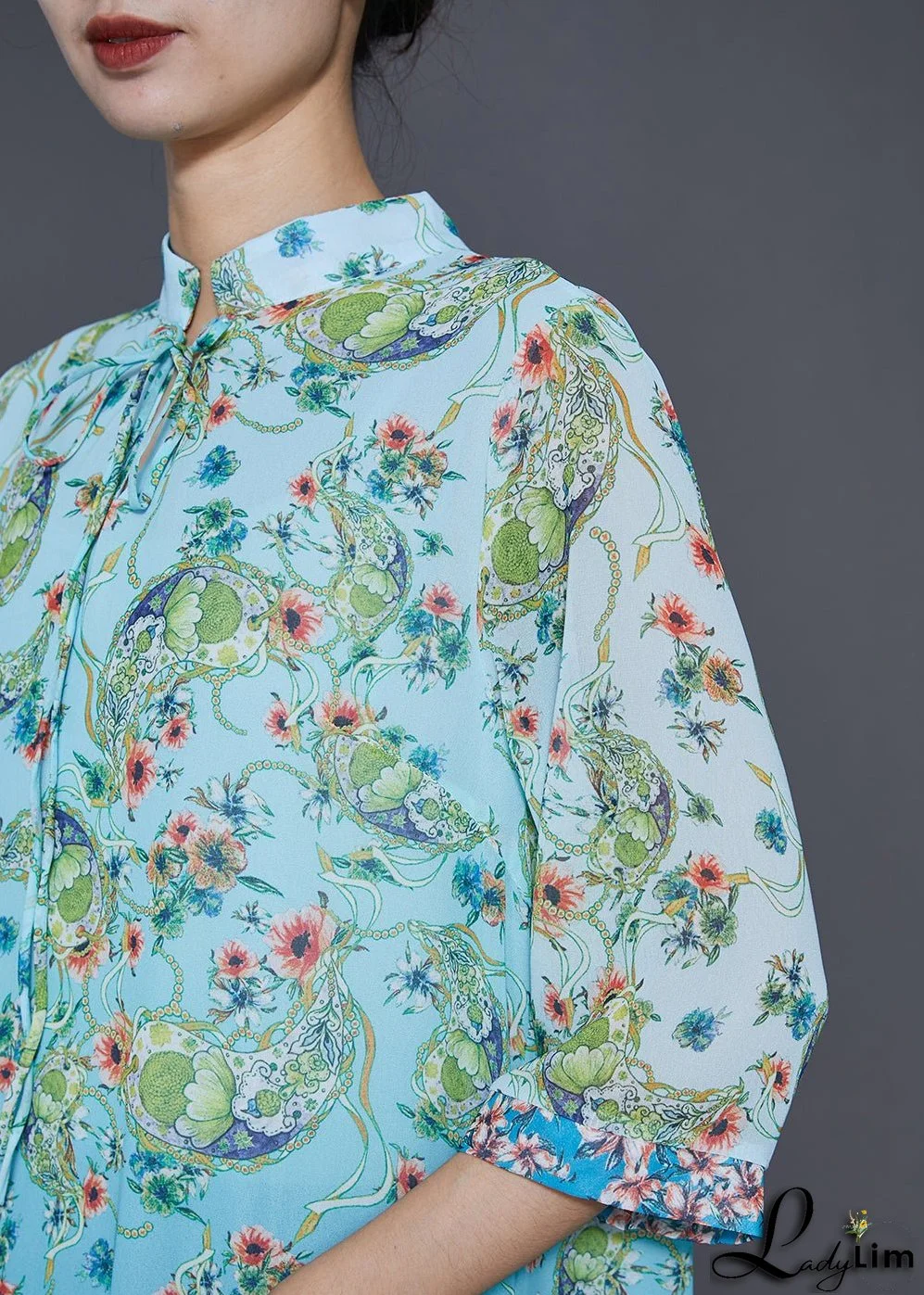 Elegant Blue Print Draping Chiffon Long Dresses Summer