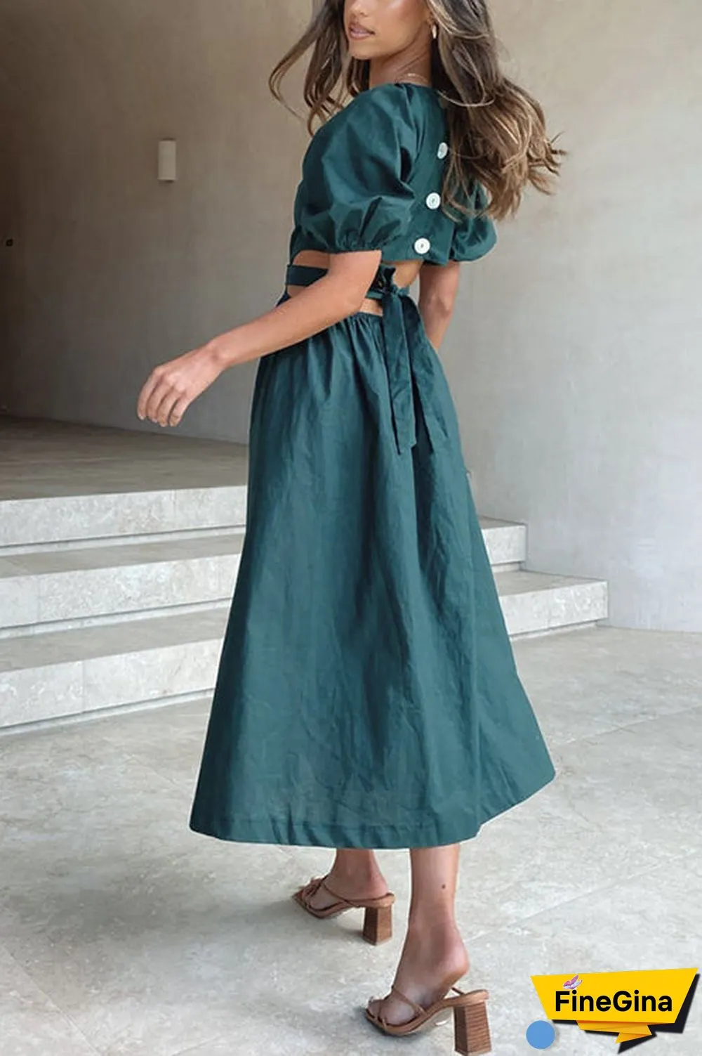 Cut Out Waist V Neck Puff Sleeve Dress