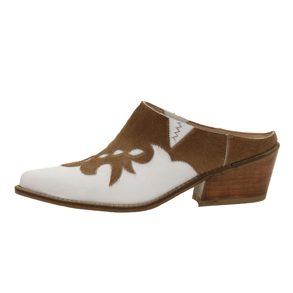 White & Brown Fur Patchwork Pointed Toe Western Mules for Women Nicepairs