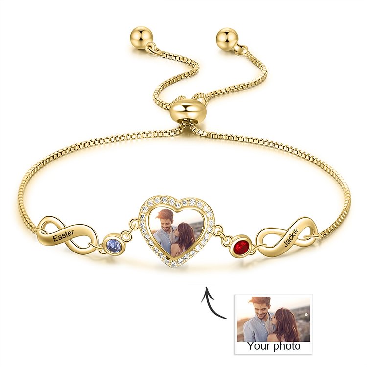 Infinity Love Heart Photo Bracelet with 2 Birthstone with 2 name Personalized with Engraving