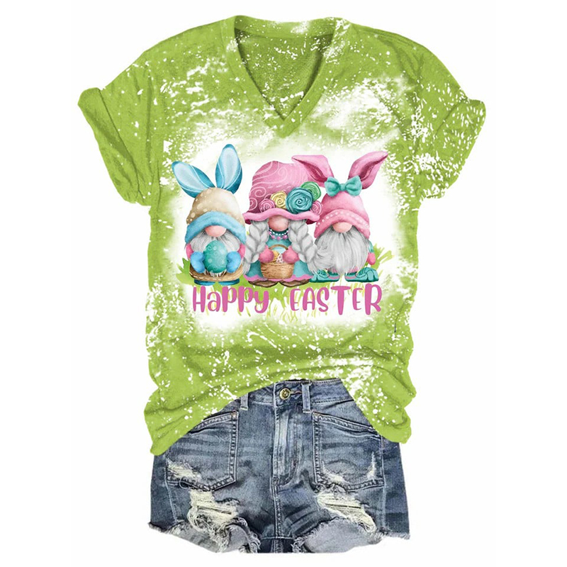 Easter Print V-Neck Short Sleeved T-Shirt wearshes