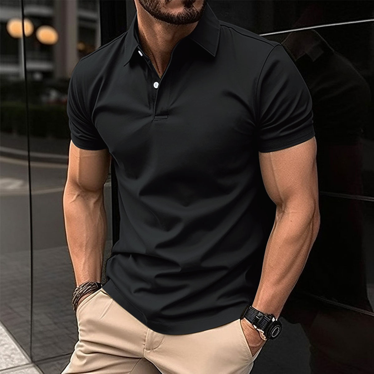 Mature Men Summer Short Sleeve Polo Shirt Solid Color Button Lapel Button Top