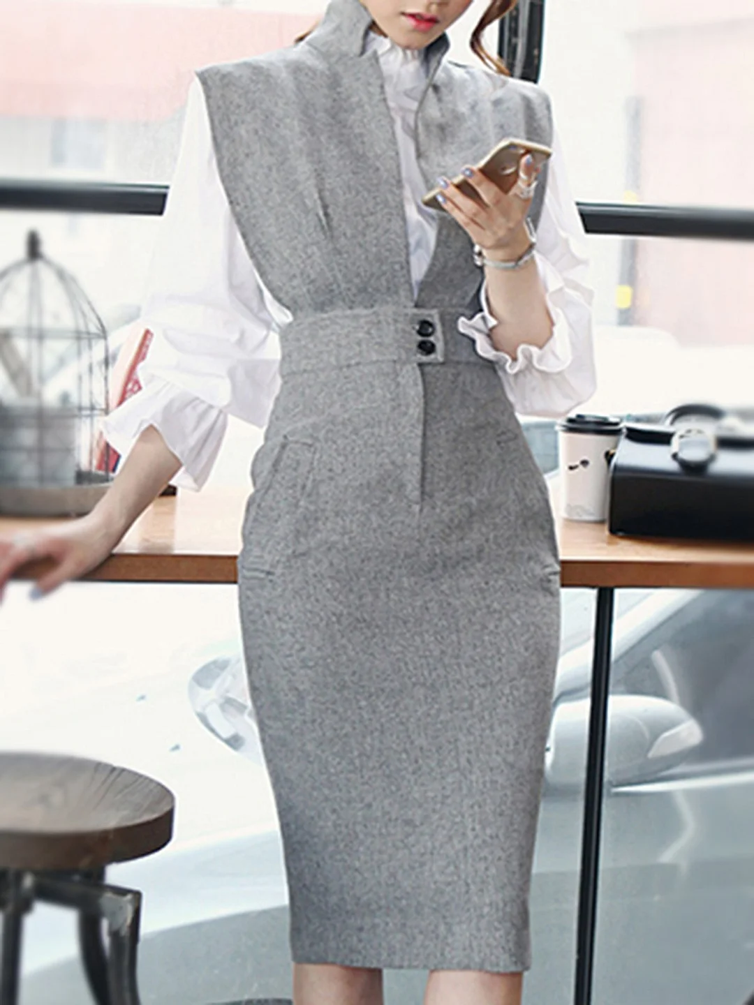 Stand Collar Gray Bodycon Work Elegant Midi Dress